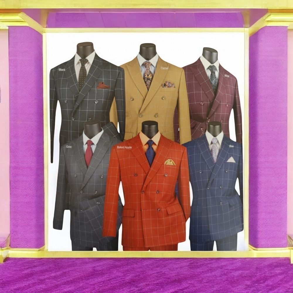 VINCI LUXURIOUS WOOL FEEL MODERN FIT WINDOWPANE DOUBLE BREASTED SUIT. MDW-1